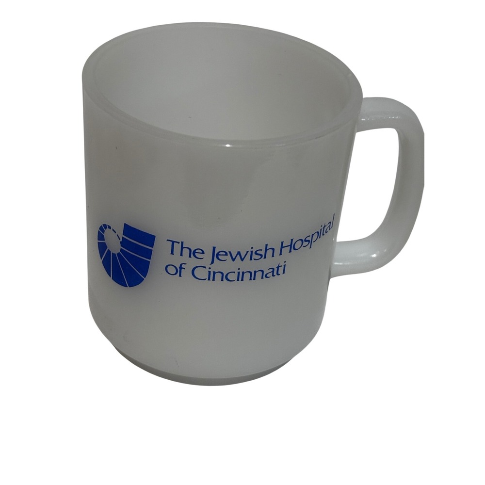 Vintage Glasbake Milk Glass Mug The Jewish Hospital of Cincinnati Blue Logo USA